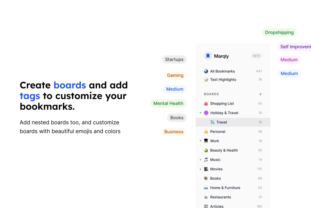 Marqly create boards and add tags